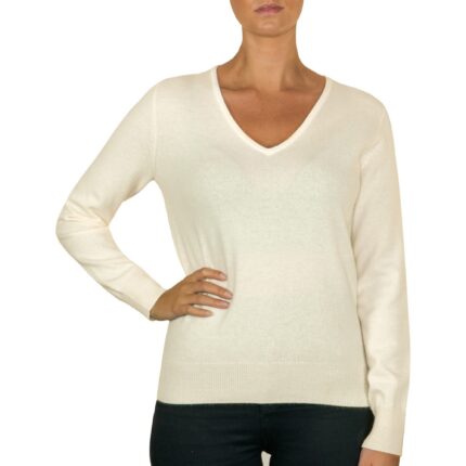 Women's 100% Cashmere V-Neck Jumper, in White