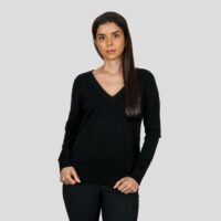 Black Cashmere Ribbon-Neck Jumper, featuring a stylish ribbon detail on the back with a luxurious soft fabric