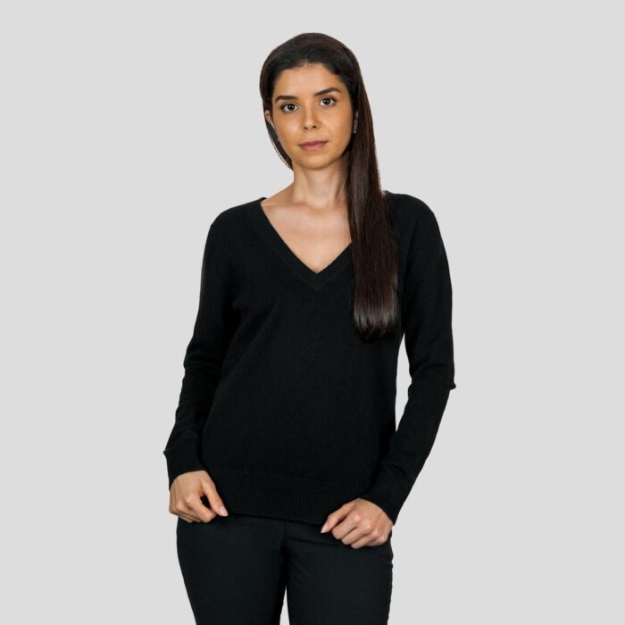Black Cashmere Ribbon-Neck Jumper, featuring a stylish ribbon detail on the back with a luxurious soft fabric