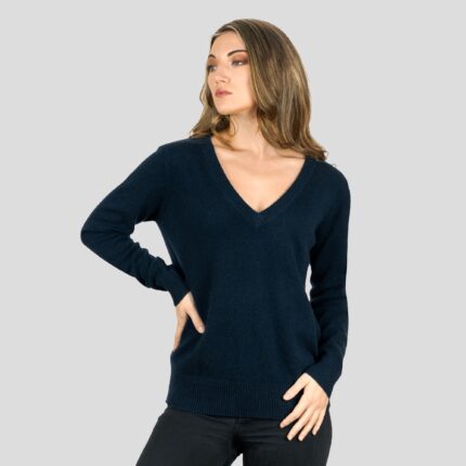 Navy Cashmere Ribbon-Neck Jumper, featuring a stylish ribbon detail on the back with a luxurious soft fabric