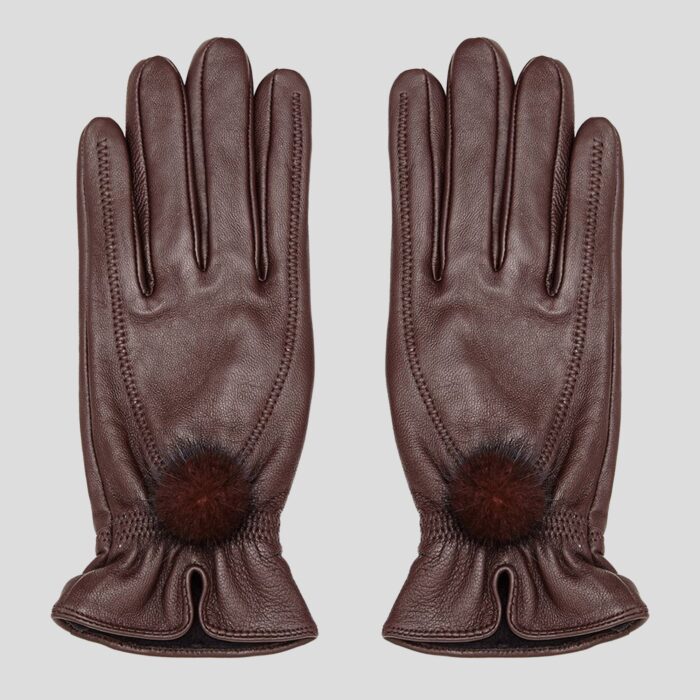 Womens brown leather gloves with pompom detail