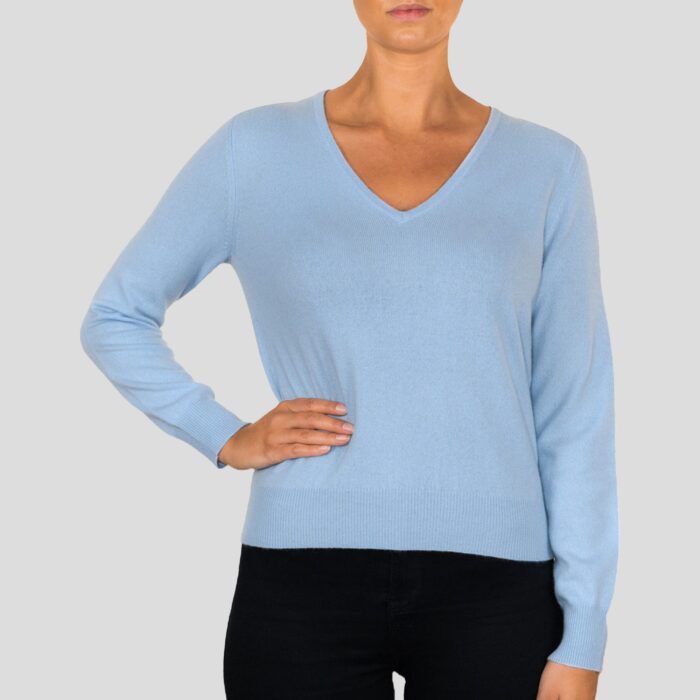 Women's 100% Cashmere V-Neck Jumper, Light Blue