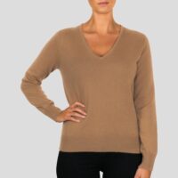 Women's 100% Cashmere V-Neck Jumper, in Camel Beige