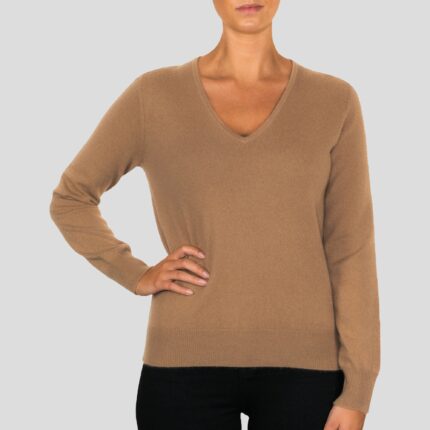 Women's 100% Cashmere V-Neck Jumper, in Camel Beige