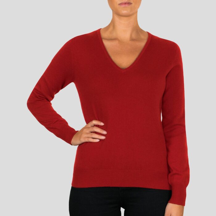 Women's 100% Cashmere V-Neck Jumper, Red