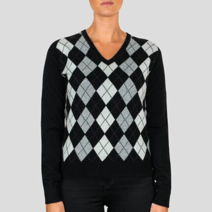 Women's Cashmere Argyle Round Neck Jumper, Black