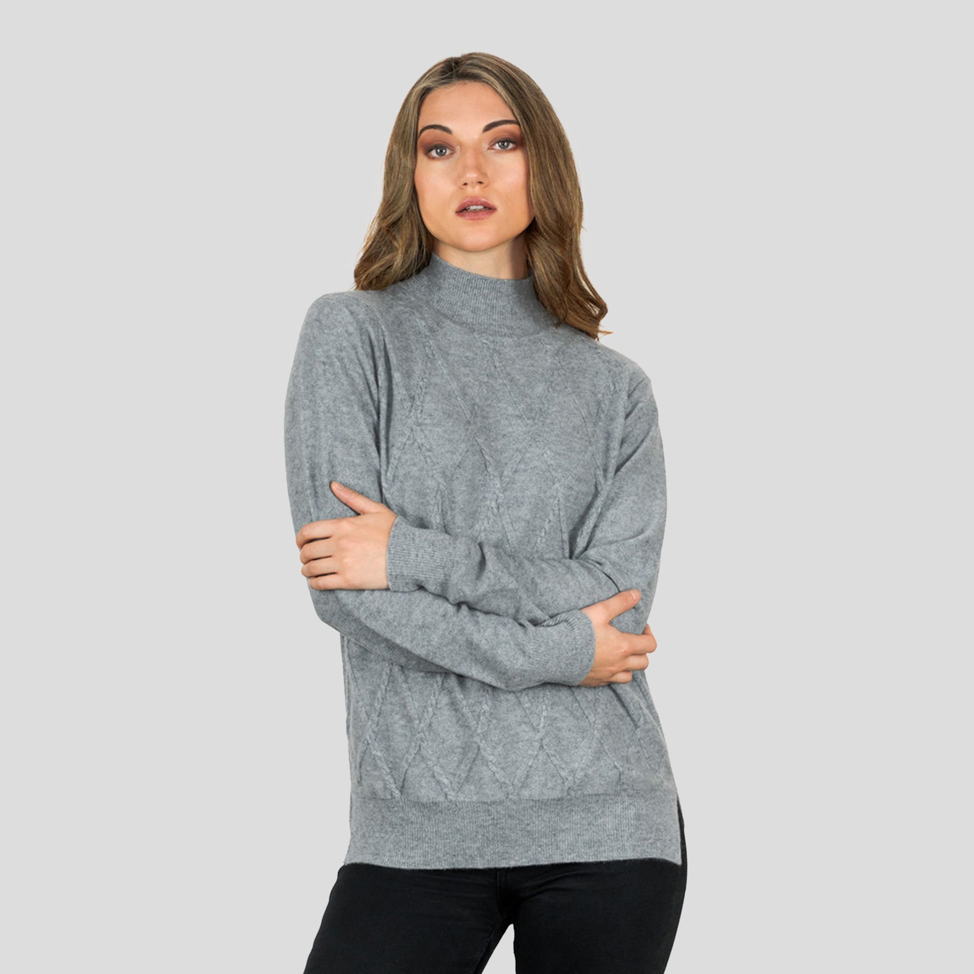 Women's 100% Cashmere Argyle Self-pattern jumper, with turtle neck in Grey