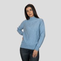 Women's 100% Cashmere Argyle Self-pattern jumper, with turtle neck in Light Blue