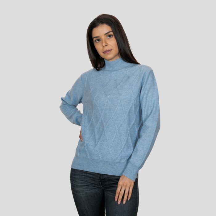Women's 100% Cashmere Argyle Self-pattern jumper, with turtle neck in Light Blue
