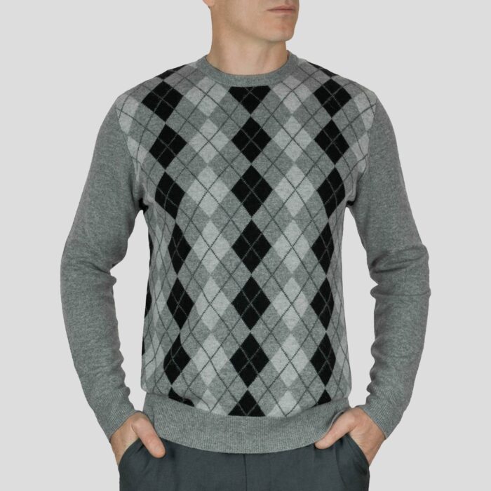 Lona Scott, Mens Cashmere Argyle Round Neck Jumper in Grey
