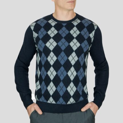 Lona Scott, Mens Cashmere Argyle Round Neck Jumper in an Navy