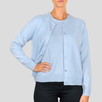Luxurious Lona Scott Women's Cashmere Twinset in Light Blue, featuring a stylish top and cardigan. A premium cashmere set that offers unmatched comfort and elegance.