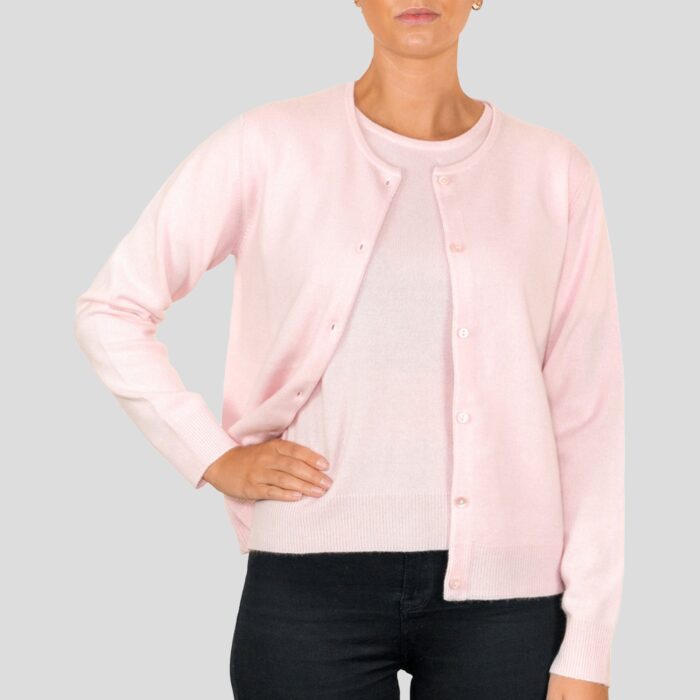 Women's classic cashmere light-pink cardigan, with a timeless design and luxurious soft texture