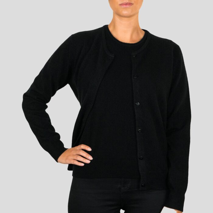 Women's classic cashmere black cardigan, with a timeless design and luxurious soft texture