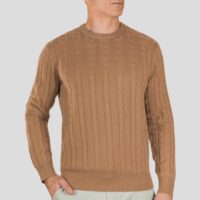 Menswear 100% Cashmere Cable Crew Neck Jumper, Camel