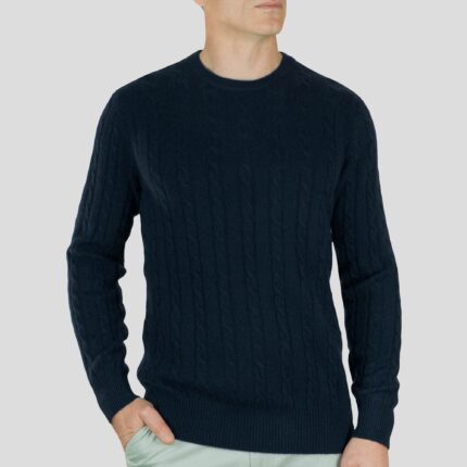 Menswear 100% Cashmere Cable Crew Neck Jumper, Navy