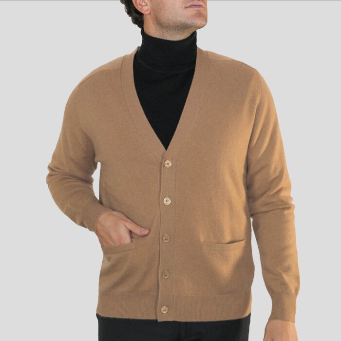 Mens Classic Cashmere Cardigan, in Camel