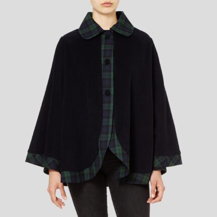 Lona Scott Womens Tartan Trim Cape, Cashmere & Wool, Black watch