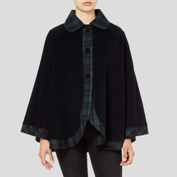 Lona Scott Womens Tartan Trim Cape, Cashmere & Wool, Black watch