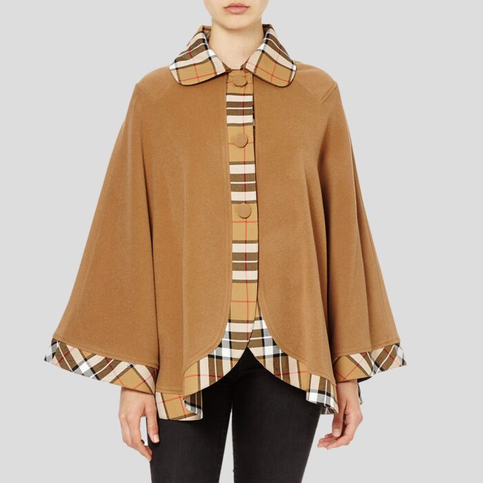 Lona Scott Womens Tartan Trim Cape, Cashmere & Wool, Camel Thomson