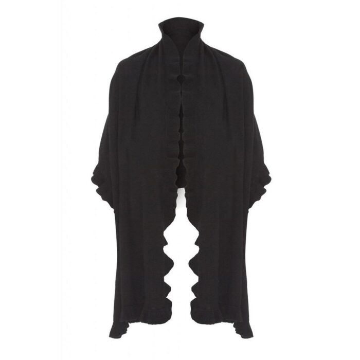 Womens Cashmere Black Frilly Wrap. A cosy and soft cape with frilly details
