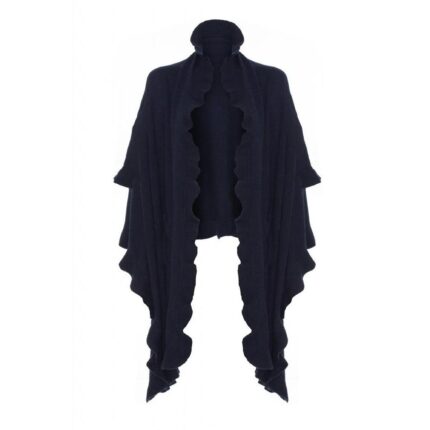 Womens Cashmere Navy Frilly Wrap. A cosy and soft cape with frilly details