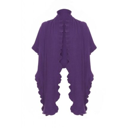 Womens Cashmere Purple Frilly Wrap. A cosy and soft cape with frilly details