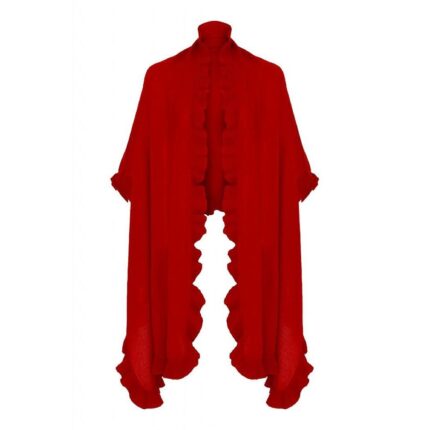 Womens Cashmere Red Frilly Wrap. A cosy and soft cape with frilly details