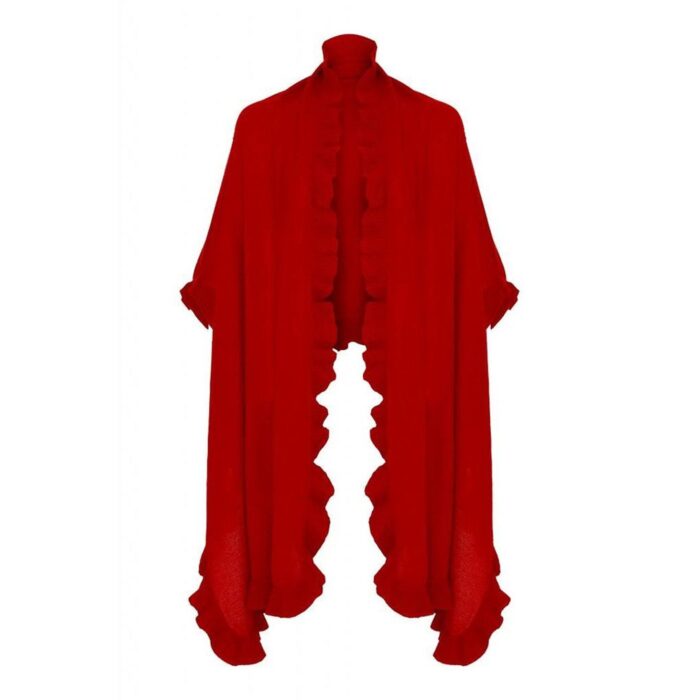 Womens Cashmere Red Frilly Wrap. A cosy and soft cape with frilly details