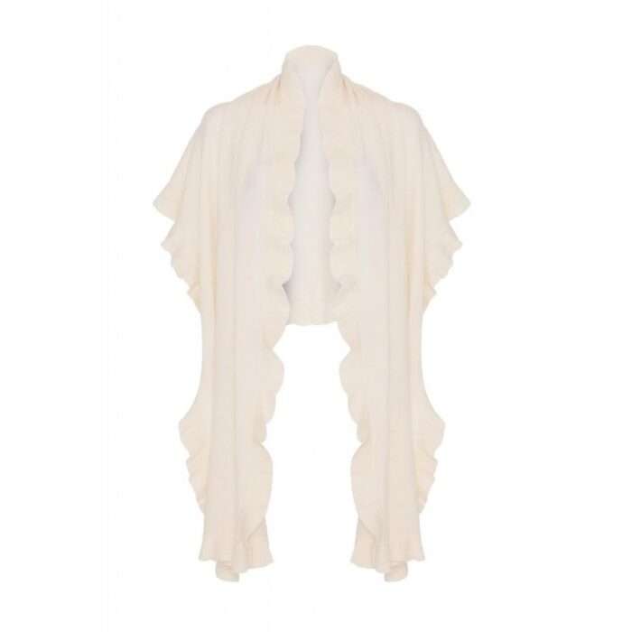 Womens Cashmere White Frilly Wrap. A cosy and soft cape with frilly details