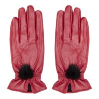Womens red leather gloves with pompom detail
