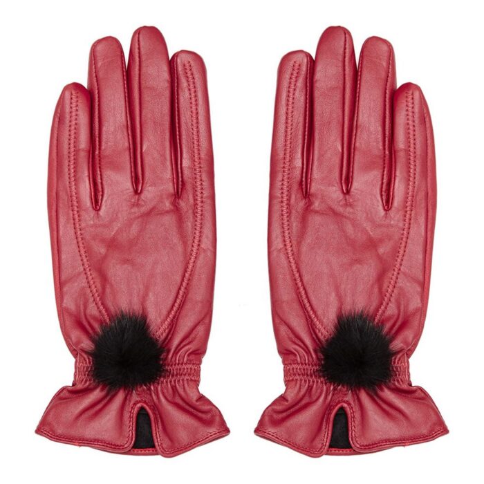 Womens red leather gloves with pompom detail