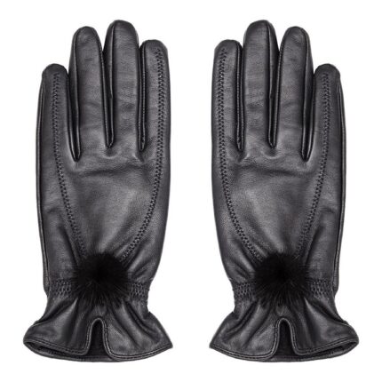 Womens black leather gloves with pompom detail