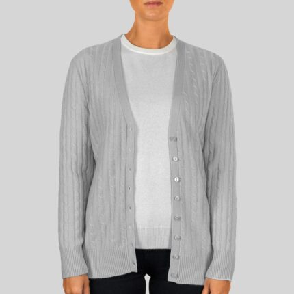 Experience luxury with the Lona Scott Women's Long Cable Cashmere Cardigan. This elegant cardigan features a classic cable knit design and a longer length for added warmth