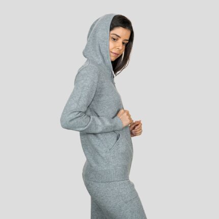 Lona Scott Women's Hooded Cashmere Cardigan in Grey. A soft cardigan combining cozy warmth with a hooded design