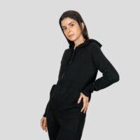 Lona Scott Women's Hooded Cashmere Cardigan in Black. A soft cardigan combining cozy warmth with a hooded design