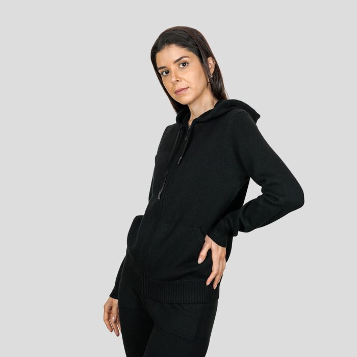 Lona Scott Women's Hooded Cashmere Cardigan in Black. A soft cardigan combining cozy warmth with a hooded design