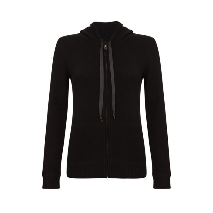 Lona Scott Women's Hooded Cashmere Cardigan in Black. A soft cardigan combining cozy warmth with a hooded design