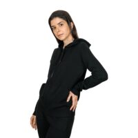 Lona Scott Women's Hooded Cashmere Cardigan in Black. A soft cardigan combining cozy warmth with a hooded design