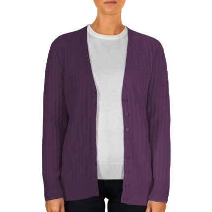 Experience luxury with the Lona Scott Women's Long Cable Cashmere Purple Cardigan. This elegant cardigan features a classic cable knit design and a longer length for added warmth and sophistication