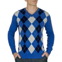 Lona Scott, Mens Cashmere Argyle Round Neck Jumper in Electric Blue