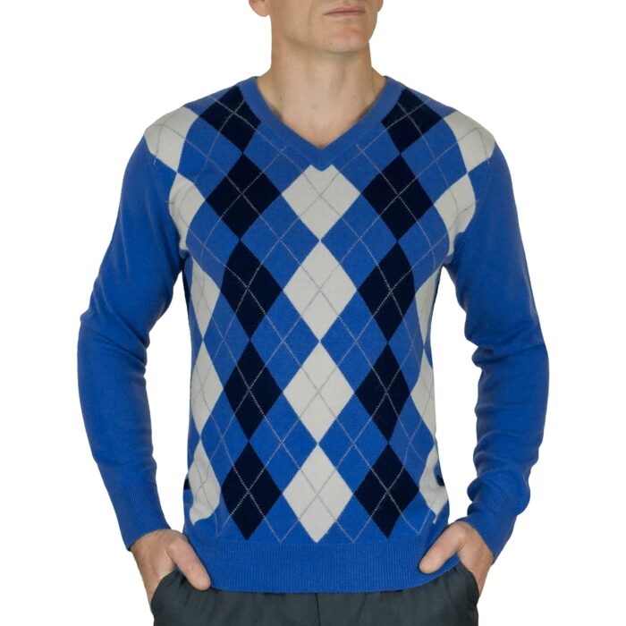 Lona Scott, Mens Cashmere Argyle Round Neck Jumper in Electric Blue