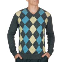 Lona Scott, Mens Cashmere Argyle Round Neck Jumper in Grey