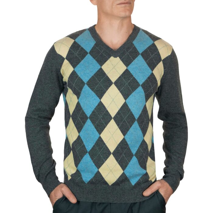 Lona Scott, Mens Cashmere Argyle Round Neck Jumper in Grey