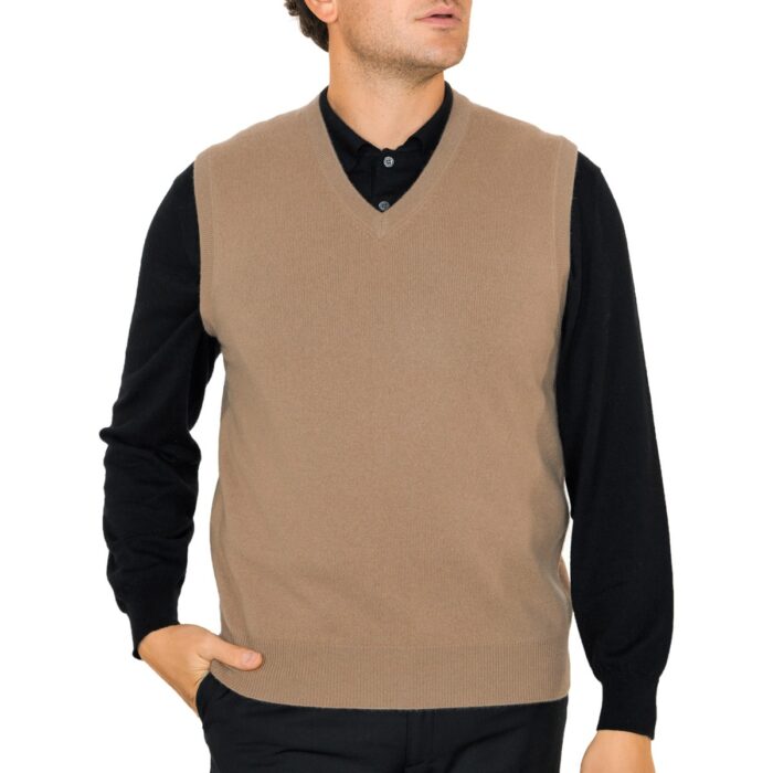 Lona Scott Men's 100% Cashmere Slipover Vest in Camel Beige – Luxurious Sleeveless Vest for Men