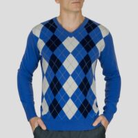 Lona Scott, Mens Cashmere Argyle Round Neck Jumper in an Electric Blue
