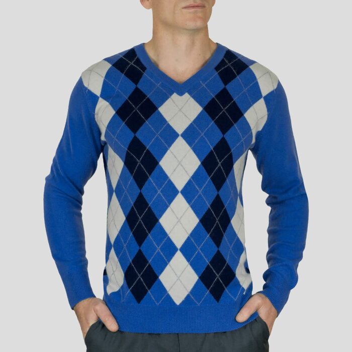 Lona Scott, Mens Cashmere Argyle Round Neck Jumper in an Electric Blue