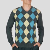 Lona Scott, Mens Cashmere Argyle Round Neck Jumper in Grey