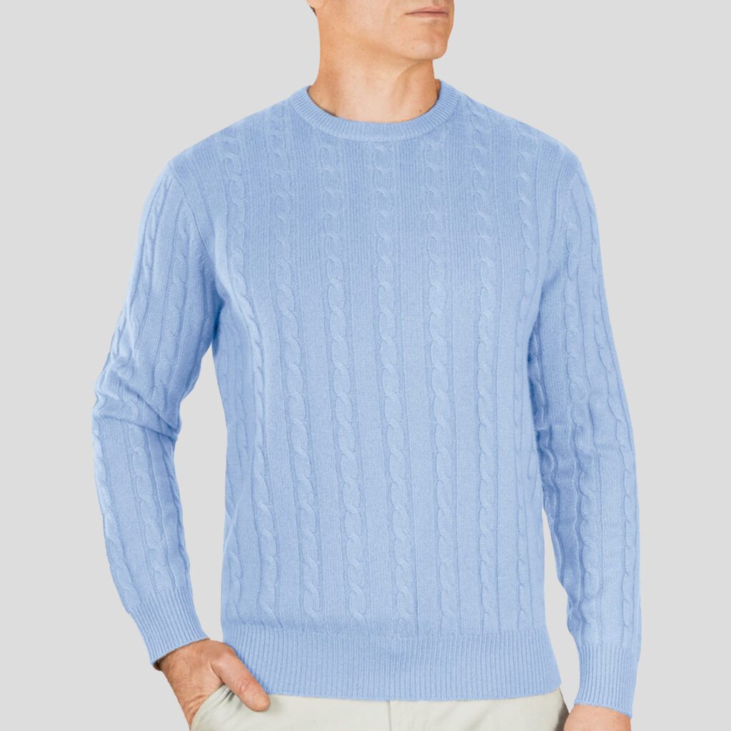 Menswear 100% Cashmere Cable Crew Neck Jumper, Light Blue