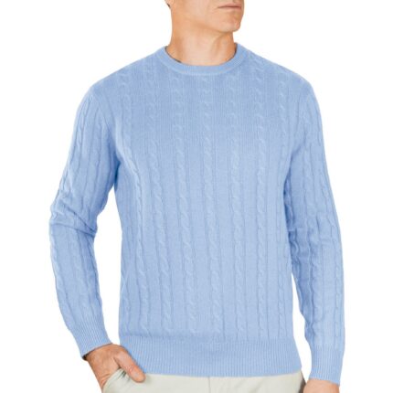 Menswear 100% Cashmere Cable Crew Neck Jumper, Light Blue